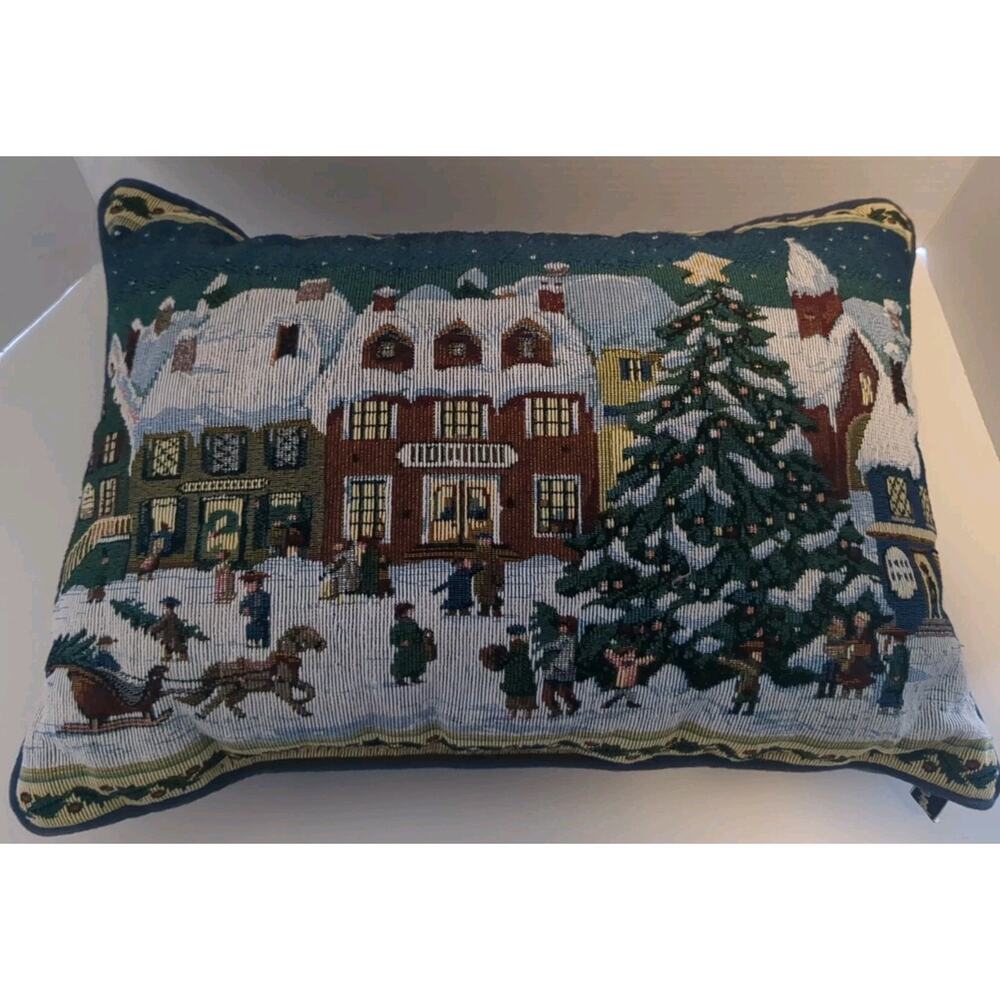 Vintage Newport Tapestry Throw Pillow Winter Christmas Tree Town People